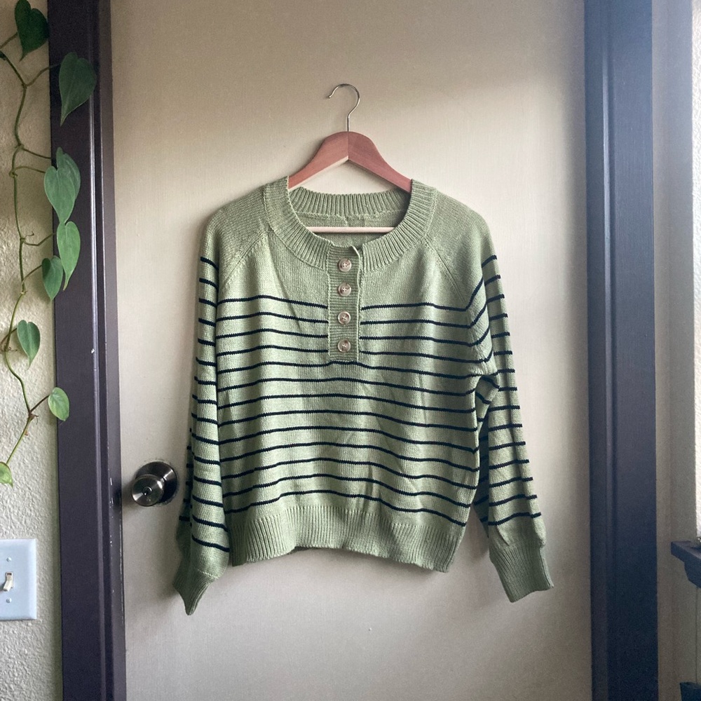 Sage green and black striped Henley raglan sweater very comfy
